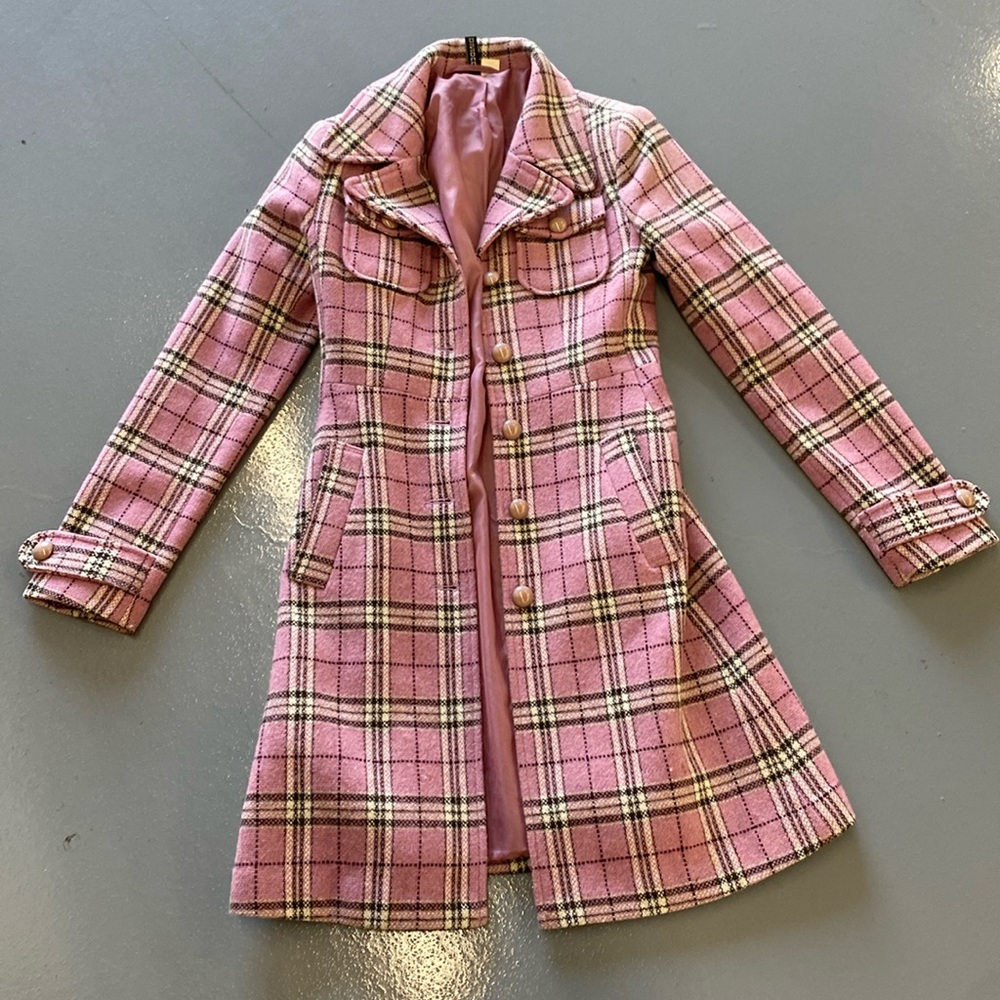 H&M plaid checkered long wool blend coat pink retro XS